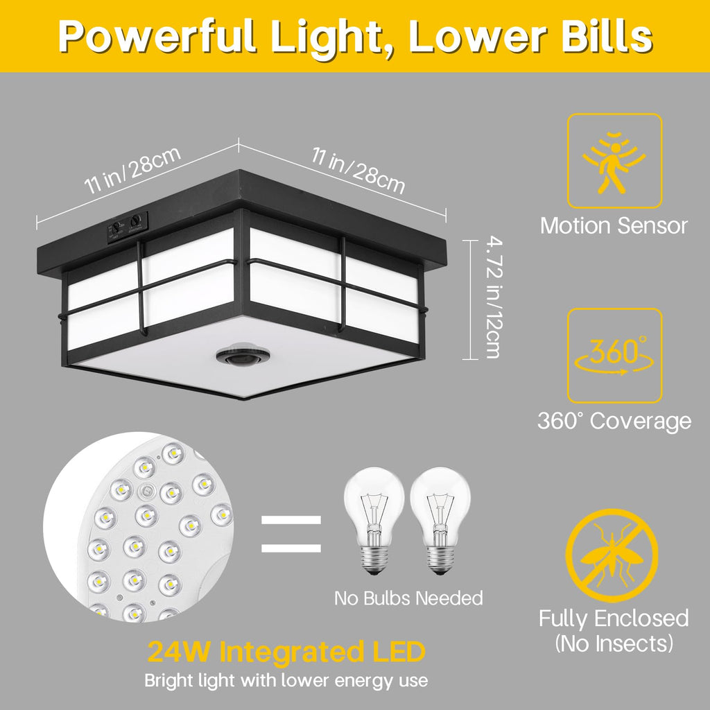 24W LED Motion Sensor Outdoor Ceiling Light, Smart Square Flush Mount Fixture, 3CCT Selectable Dusk to Dawn Porch