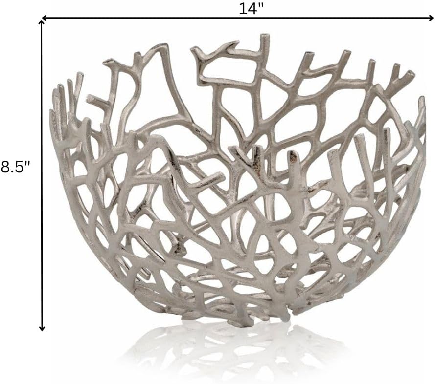 5802 Rama Twigs Round Bowl, Silver, Fruit Bowl, Holds Spheres or Decorative Balls Fillers, Large Bowl, Home Decor