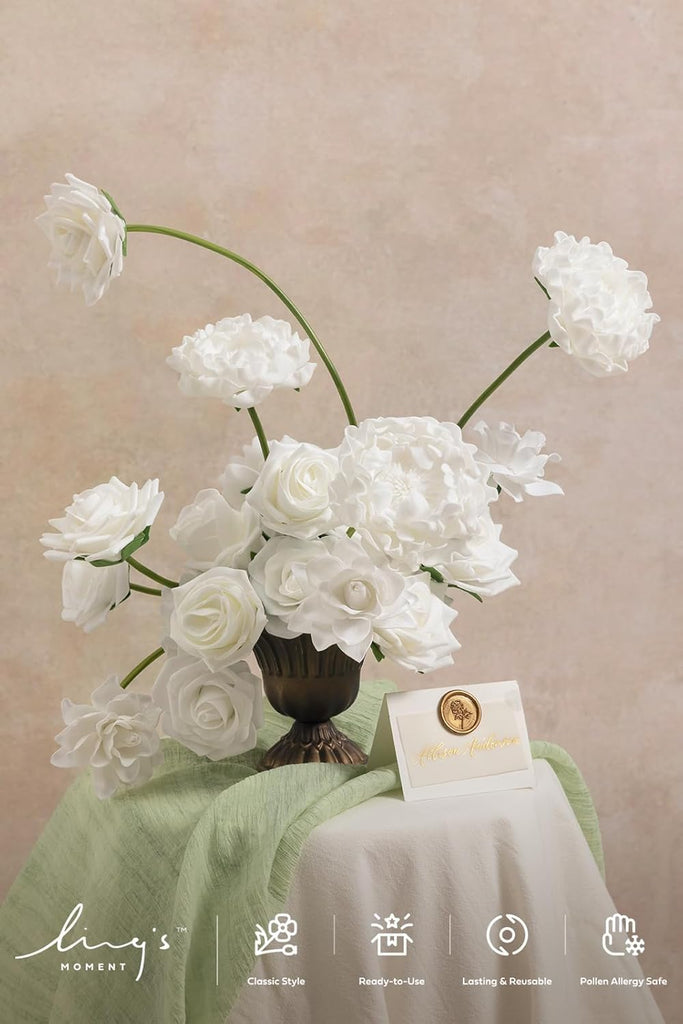 White Artificial Peony Flowers with Stems, 16 pcs