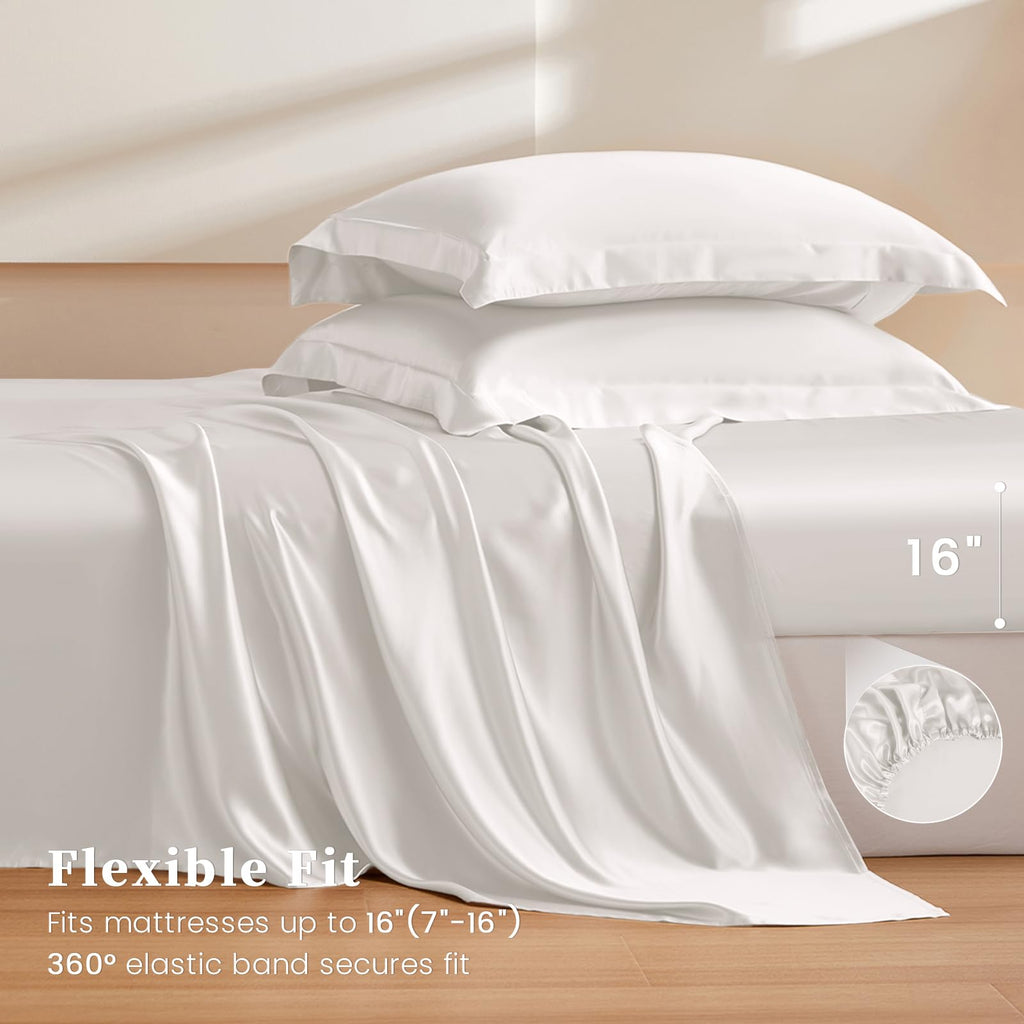 100% Pure 6A+ Mulberry Silk Sheet Set 4Pcs Queen Pearl White