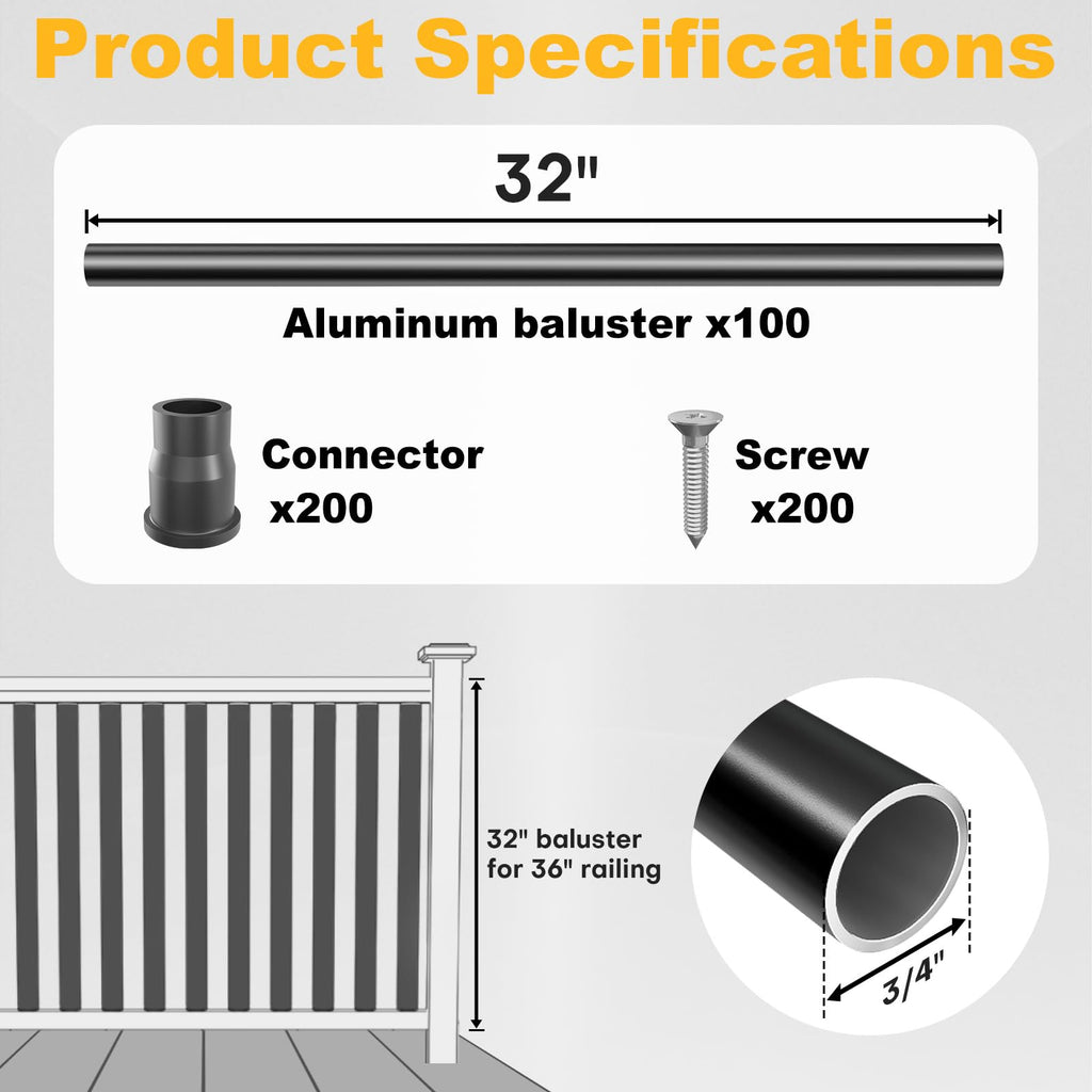 100 Pack 32" Aluminum Deck Balusters, 3/4" Diameter Black Metal Deck Spindles with Connectors and Screws, Hollow