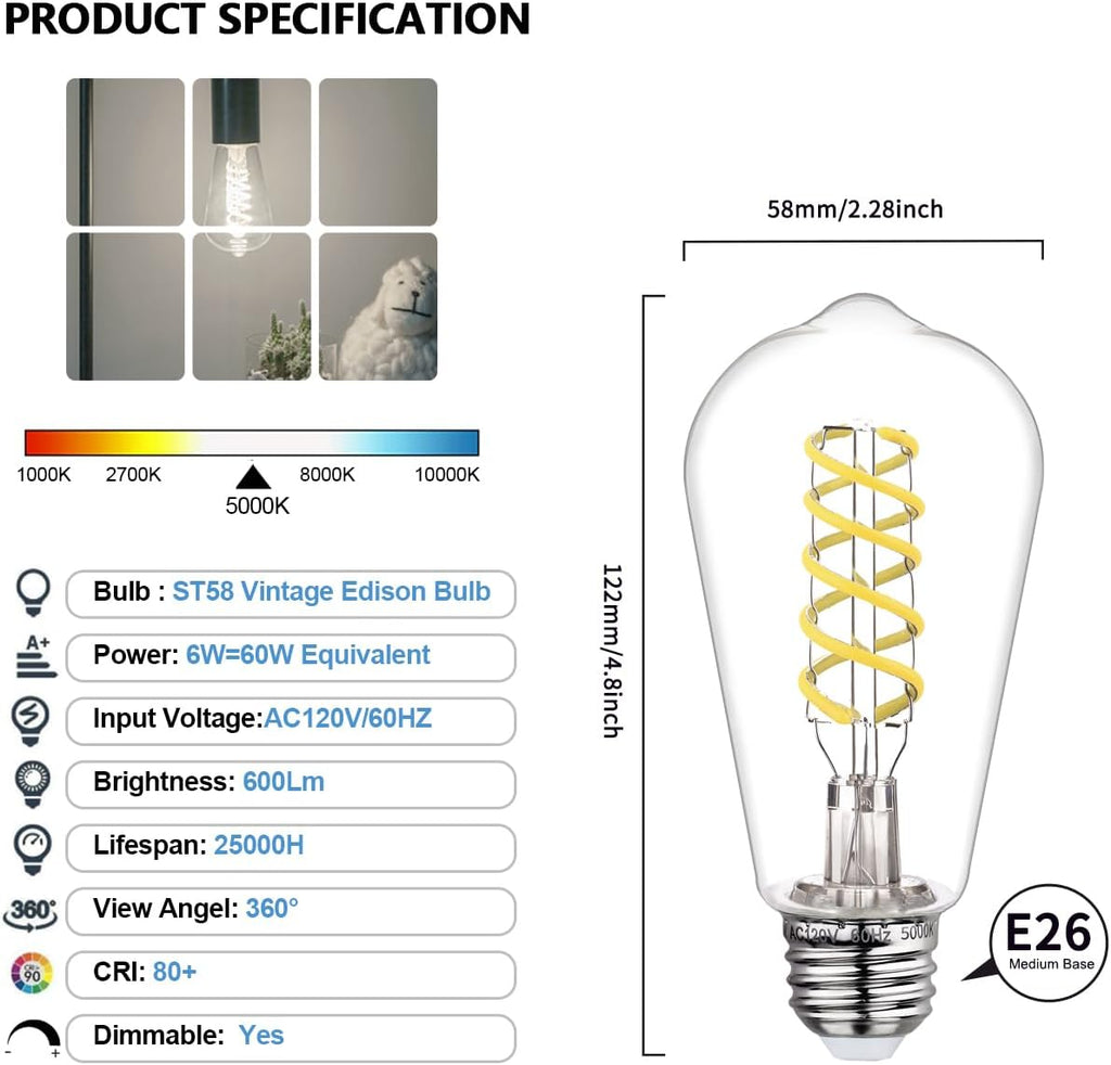 4Pack Dimmable LED Edison Bulbs,5000K Daylight White, 6W Equivalent to 60W Vintage Light Bulbs, Antique Flexible