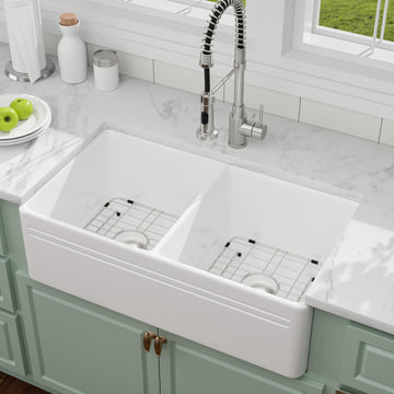 33 Inch White Fireclay Farmhouse Sink 50/50 Double Bowl Apron Front Ceramic Kitchen Sinks Extra Large Country Barn