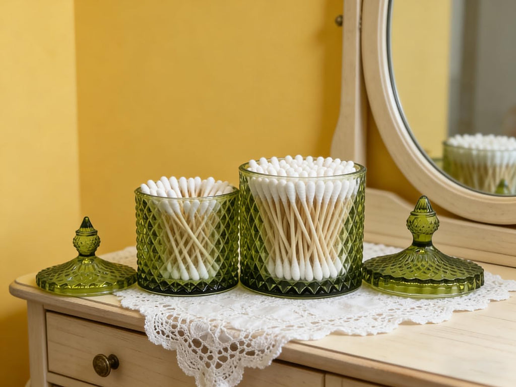 20 oz Olive Green Glass Candy Dish with Lid-Display Decorative Jar for Makeup Brush Holder,Q-Tip Storage,Cotton