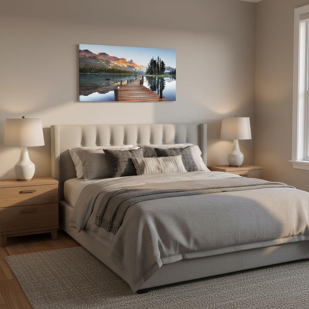Lake Canvas Wall Art, Nature Landscape Dock Picture, 40x20 Inch