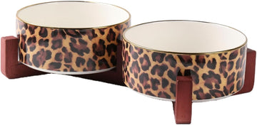 Ceramic Dog Bowl with Wood Stand, 4 Cups Dog Food and Water Bowl Set