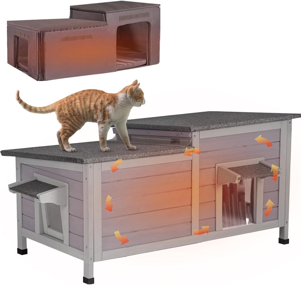Heated Cat House Outdoor Feral Kitty Shelter with Insulated & Heated Liner Weatherproof Roof Cat Home