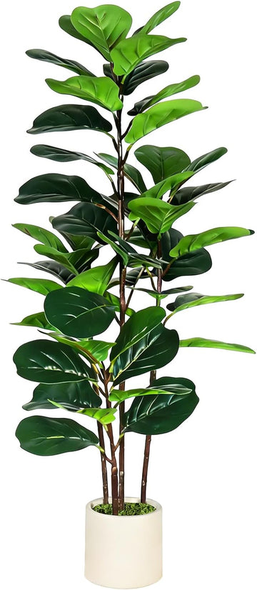Artificial Fiddle Leaf Fig Tree with White Planter, 4FT Fake Plant with 4 Natural Wood Trunks and Faux Moss, Tall