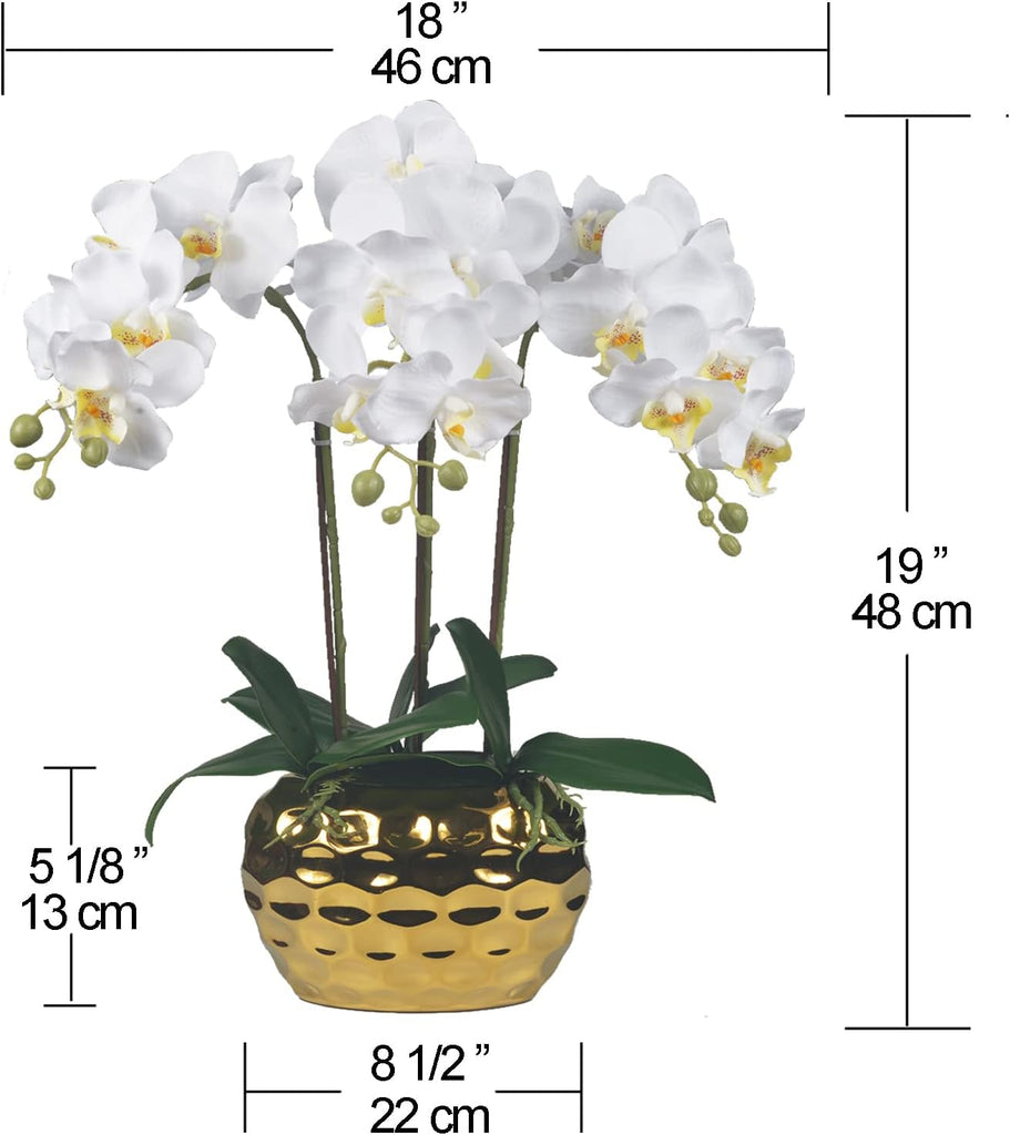 Artificial Orchid Plants & Flowers Arrangement in Ceramic Pot, Fake Faux White Orchid with Gold Vase, Realistic