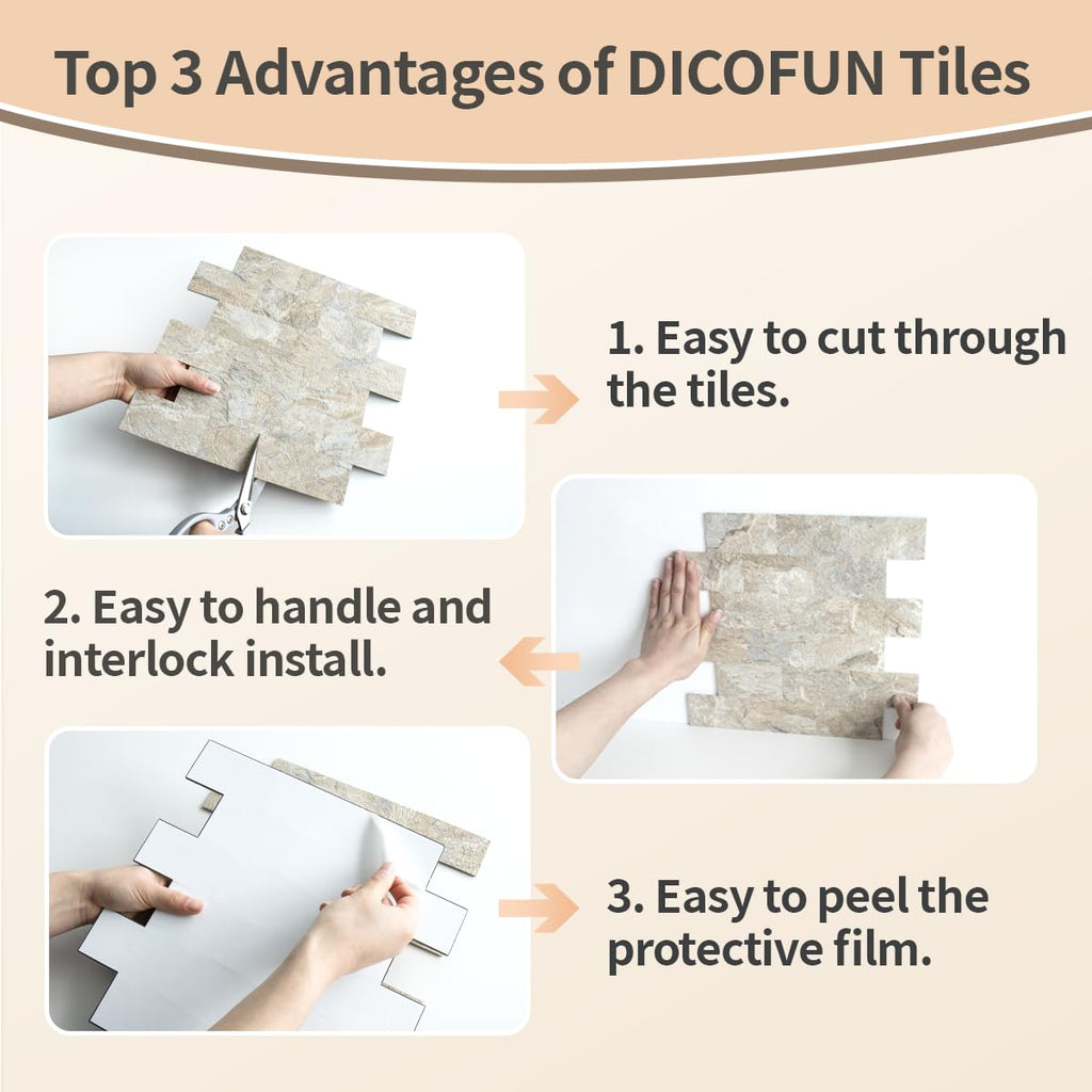 10 Sheets Sandstone Peel and Stick Backsplash Wall Tiles, 12"x12" Thick PVC Subway Tile Backsplash