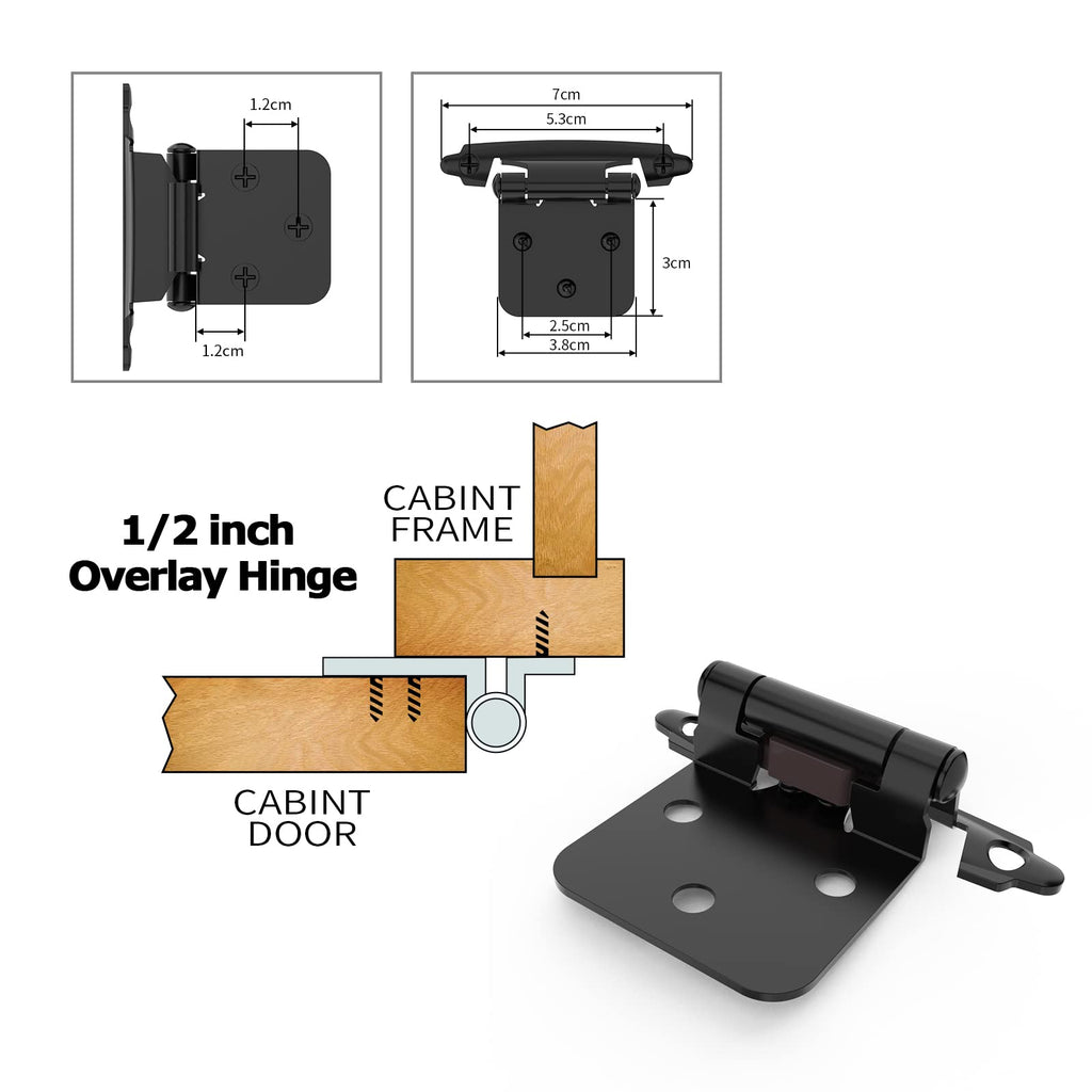 1/2" Overlay Cabinet Hinges, 6 Pack Self Closing Flush Mount Hinges with Door Bumper, Variable Decorative Hardware