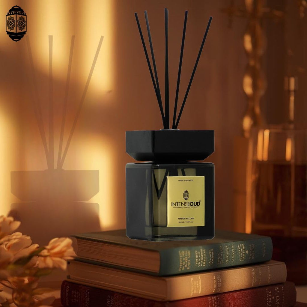 Reed Diffuser with Amber Allure (17.6 OZ) - Long-Lasting Aromatherapy Diffusers with 6 Reed Sticks & Refillable