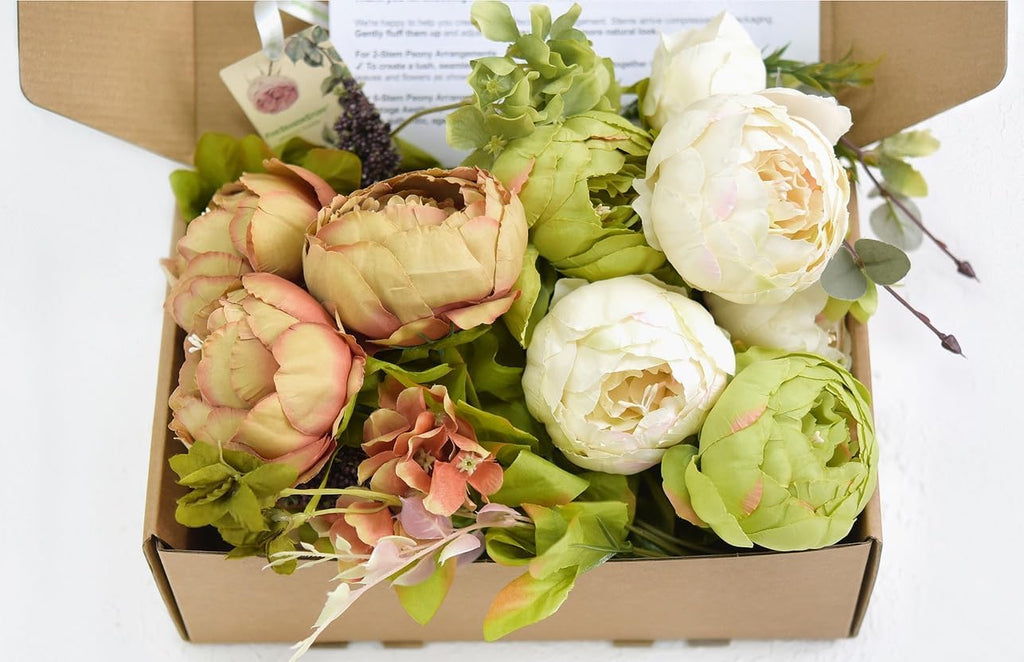 Rustic Brown, Beige & Green Artificial Peony - Set of 2