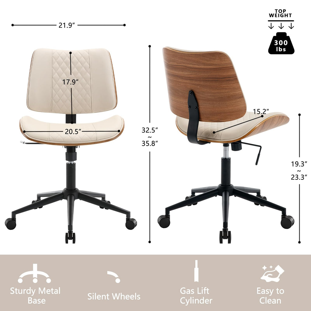 Office Chair No Arms with Wheels, Mid Back Walnut Style, Beige