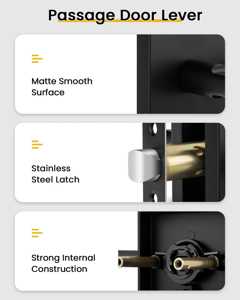Black Door Handles Interior, Passage Matte Black Closet Door Handles, Square Black Door Lever Interior (6 Pack)