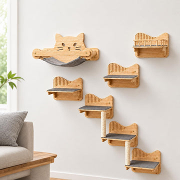 Cat Shelves for Wall - Cat Climbing Shelves Furniture Set with Steps, Scratching Posts and Cat Hammock - Solid Pine