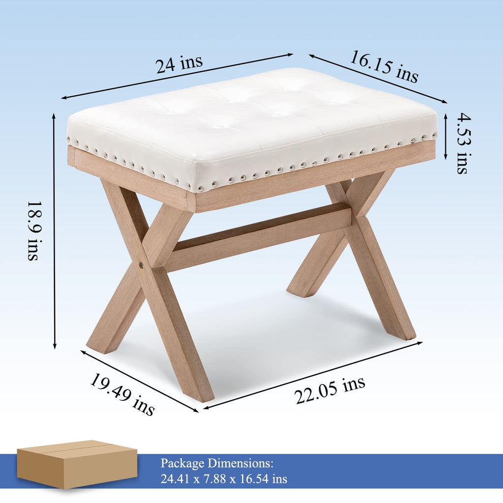 Bench Ottoman Faux Leather Upholstered Entryway Bedroom Bench Footstool Seat with X-Shaped Wooden Legs Bedroom Living