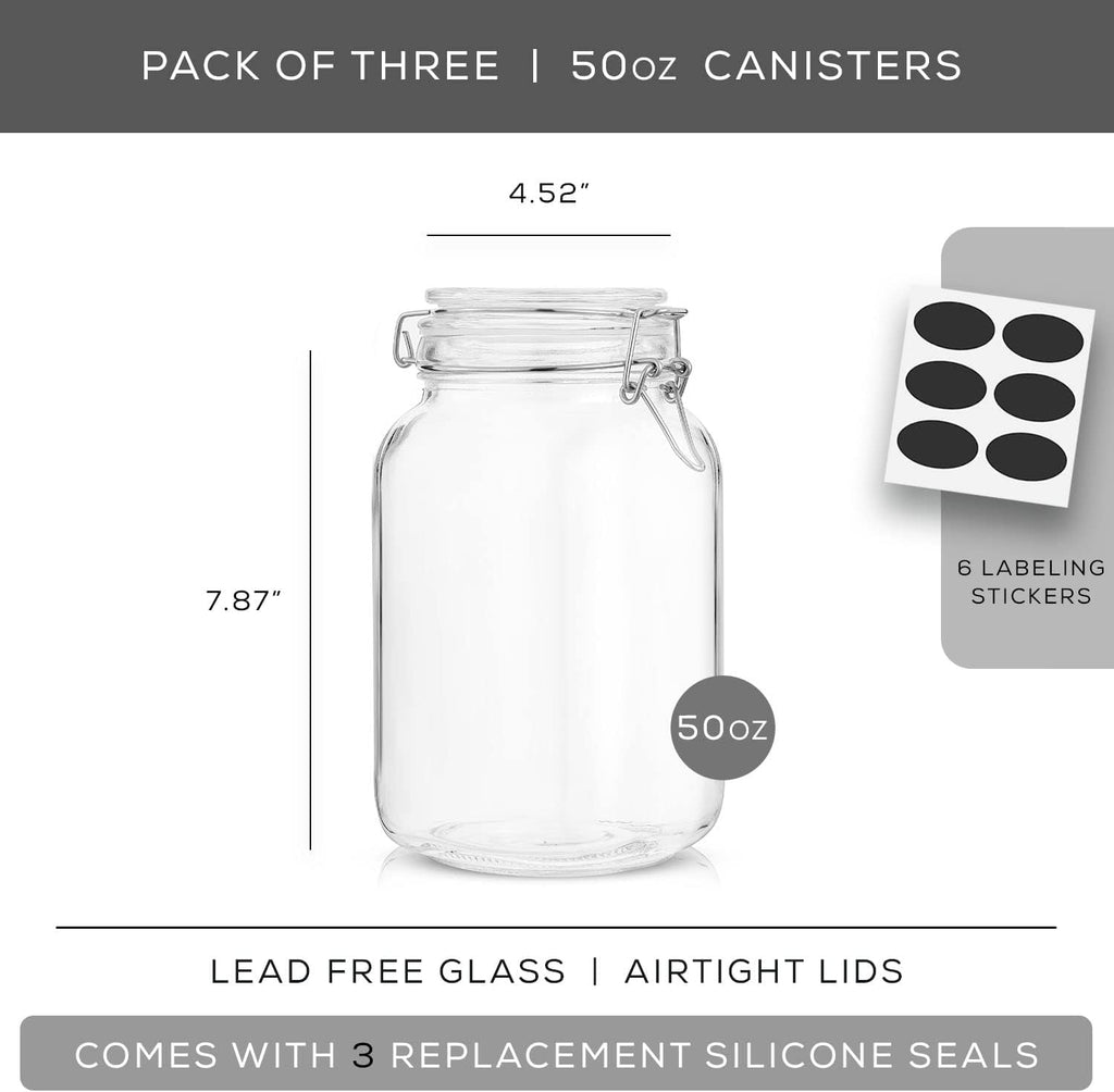 Airtight Glass Jars with Lids. 50oz Glass Jar with Lid and 6 Silicone Seals! Med Glass Food Storage - Set of 3