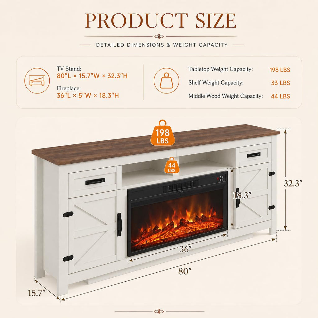 Farmhouse Fireplace TV Stand with Barn Door, 80 inch, White