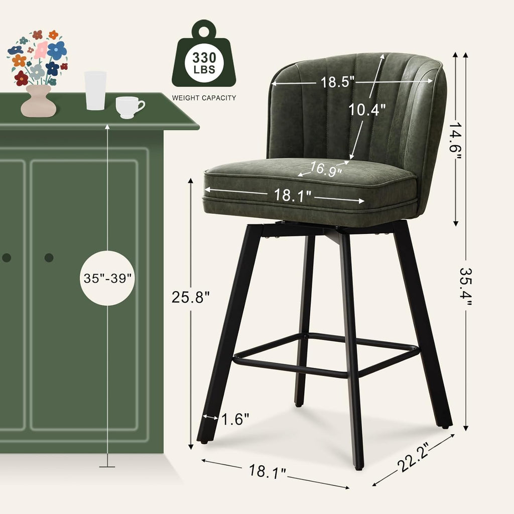 Swivel Counter Height Bar Stools Set of 2, 26'' Modern Barstools with Backs and Metal Legs, Upholstered Bar Chairs