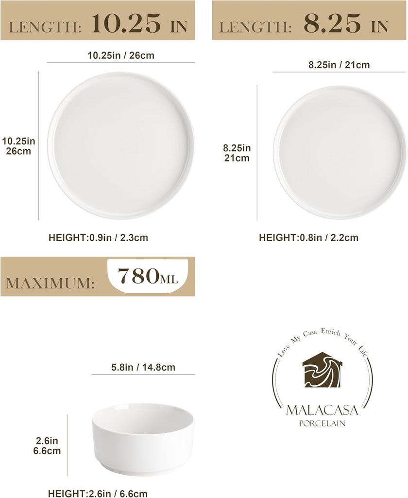 12 Pieces Porcelain Dinnerware Set, Modern White Dish Set for 4, Premium Serving Plates and Bowls Sets