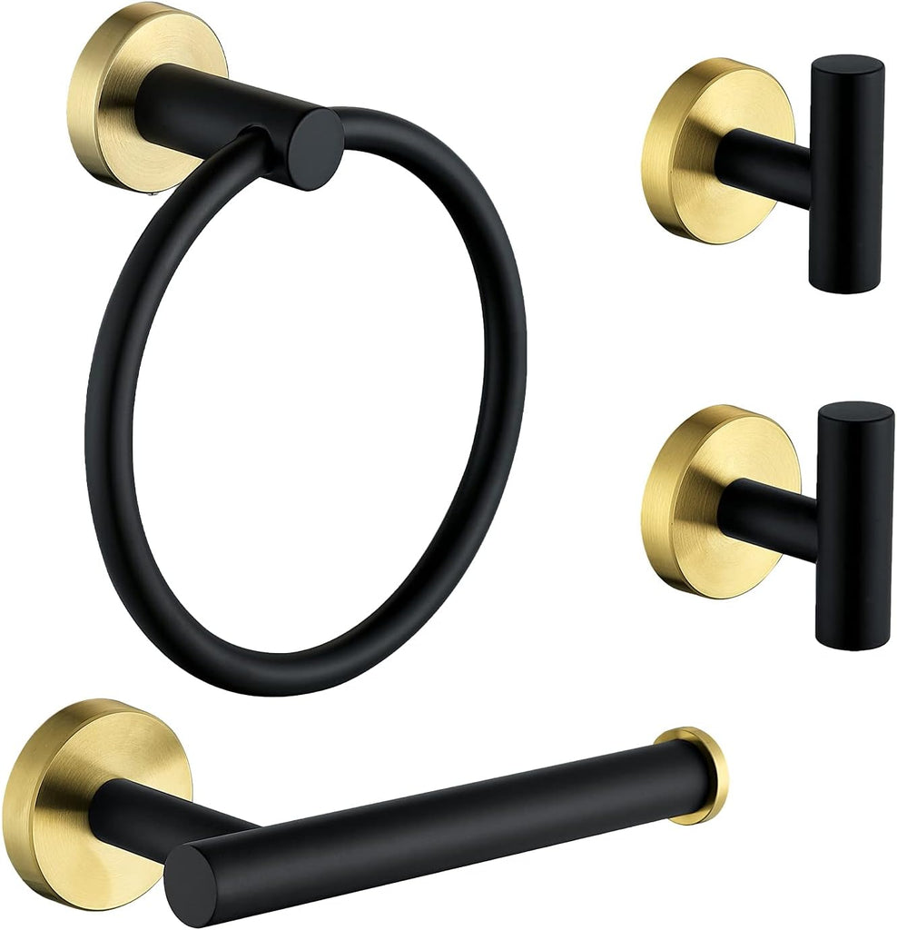 4 Piece Stainless Steel Matte Black and Brushed Gold Bathroom Hardware Set Include Hand Towel Ring Holder, Toilet