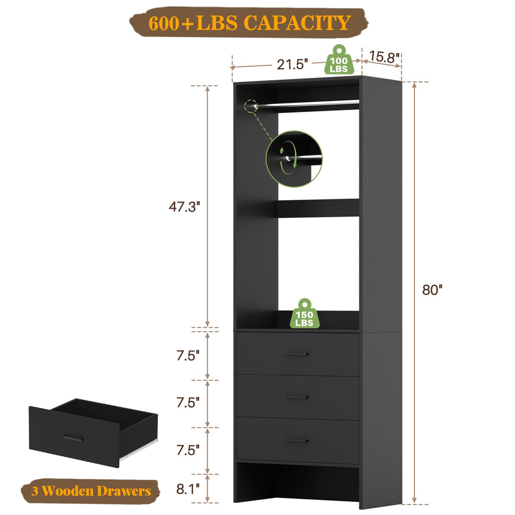 1.8FT Closet System with 3 Drawers, 21.5'' Closet Organizer, Black