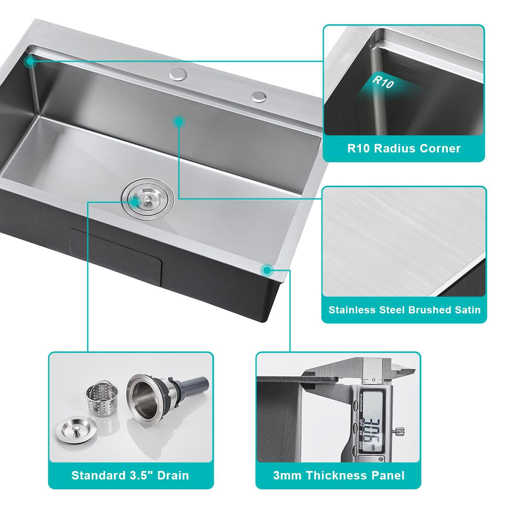 30"x18" Drop in Workstation Kitchen Sink with 2 Holes