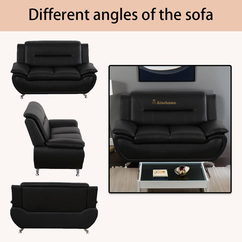 Modern Faux Leather Living Room Furniture Set - 6-Seat Sectional Sofa with Loveset and Chair (Black)