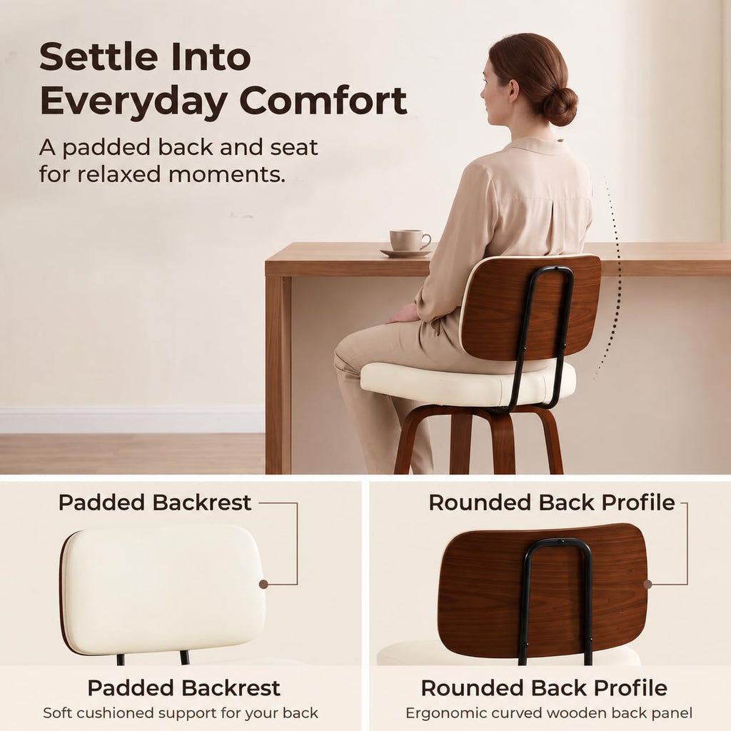 Counter Height Bar Stools Set of 3, 26+inch Swivel Faux Leather Barstool with Back, Upholstered Mid-Century Modern