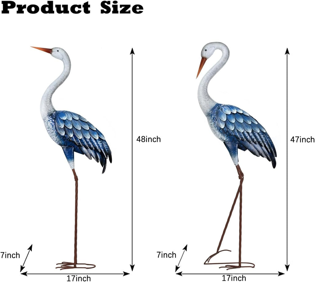 Blue Metal Heron Statues,Outdoor Garden Crane Sculptures 47-48 Inch | Waterproof and Rust-proof Bird Yard Art, For