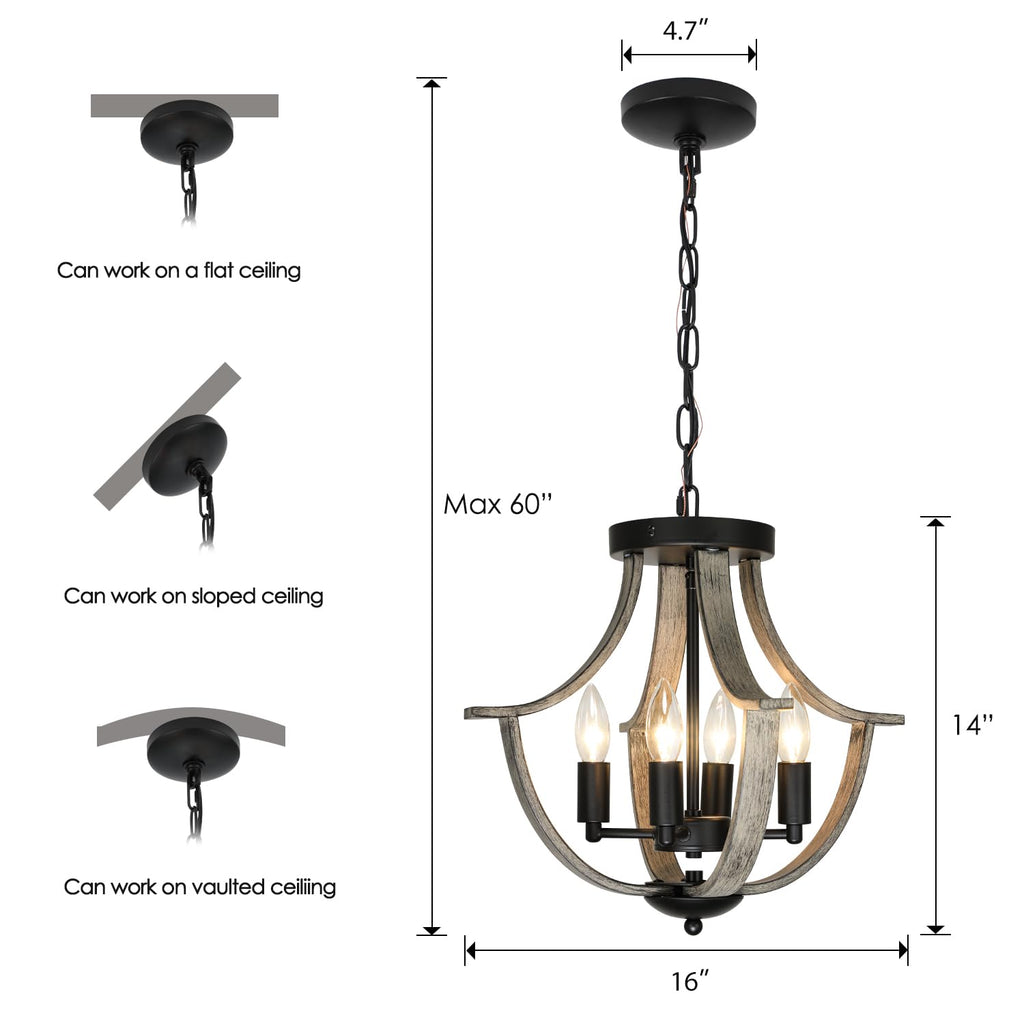 Farmhouse Hanging Pendant Lighting, 4-Light Rustic Flush Mount Ceiling Light Fixture, Modern Faux Wood Vintage