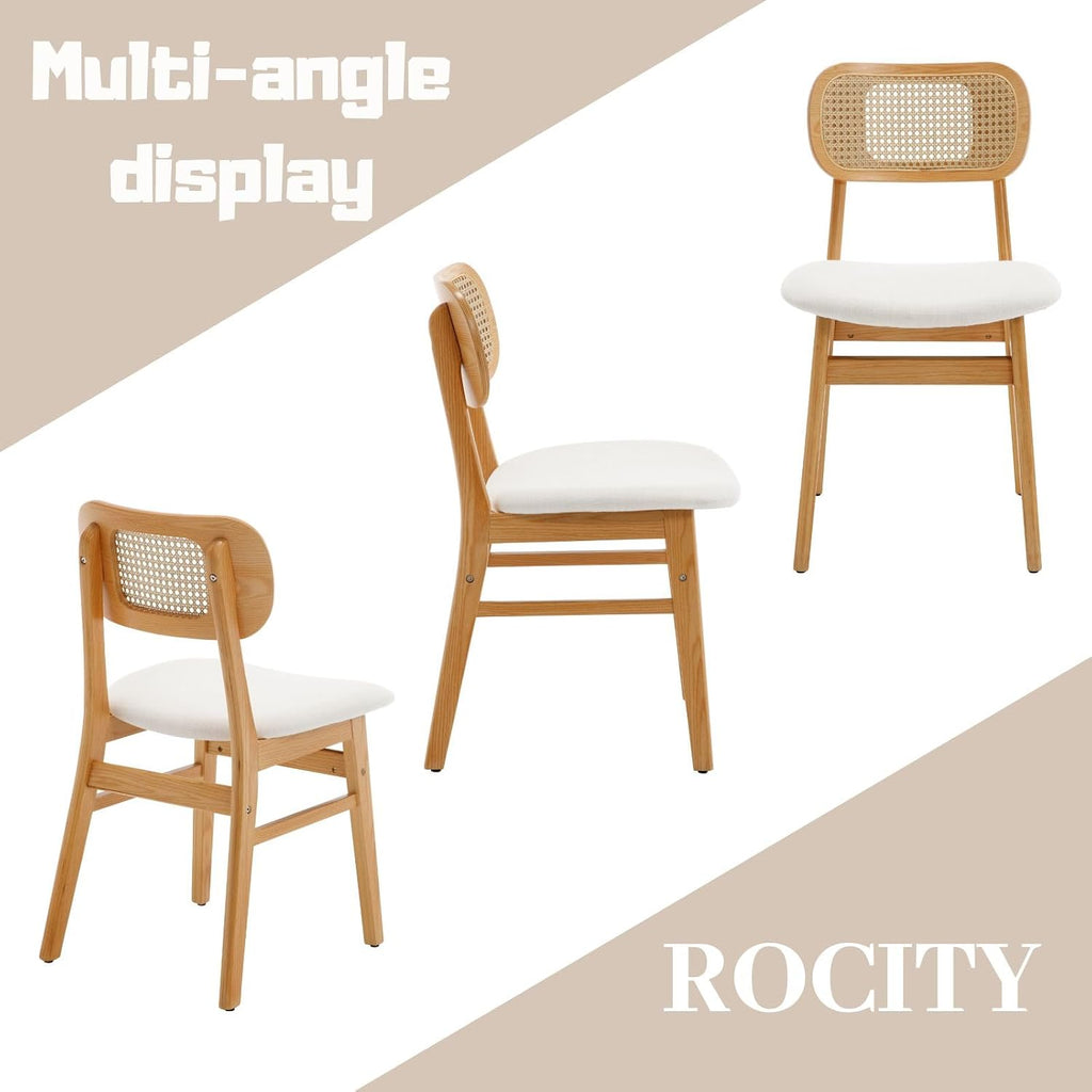 Rattan Dining Chairs Set of 4 Beige Linen Fabric Dining Room Chairs Natural Wooden Kitchen Chairs Farmhouse Boho