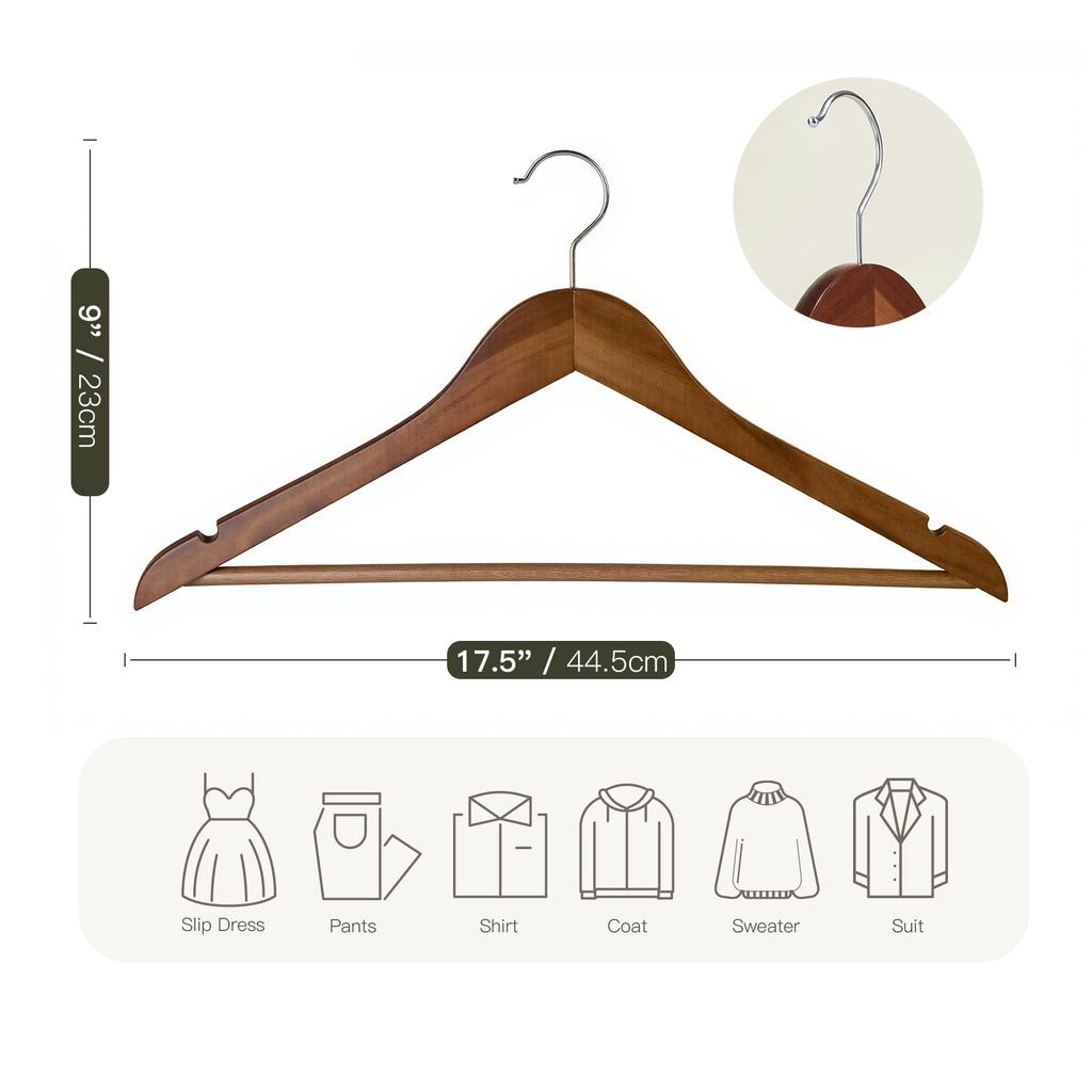 Wooden Hangers 30 Pack, Heavy Duty Solid Wooden Clothes Hangers with Pant Bar, 360-Degree Rotatable Hook, Durable & Slim