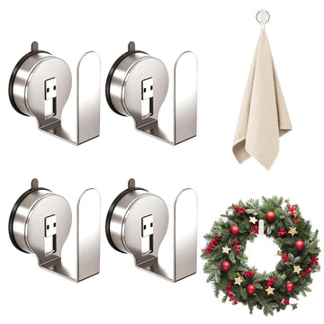 Suction Cup Hooks for Wreaths on Glass, Upgrade No-Drill Shower Hooks for Shower, Removable Reusable Stainless Steel