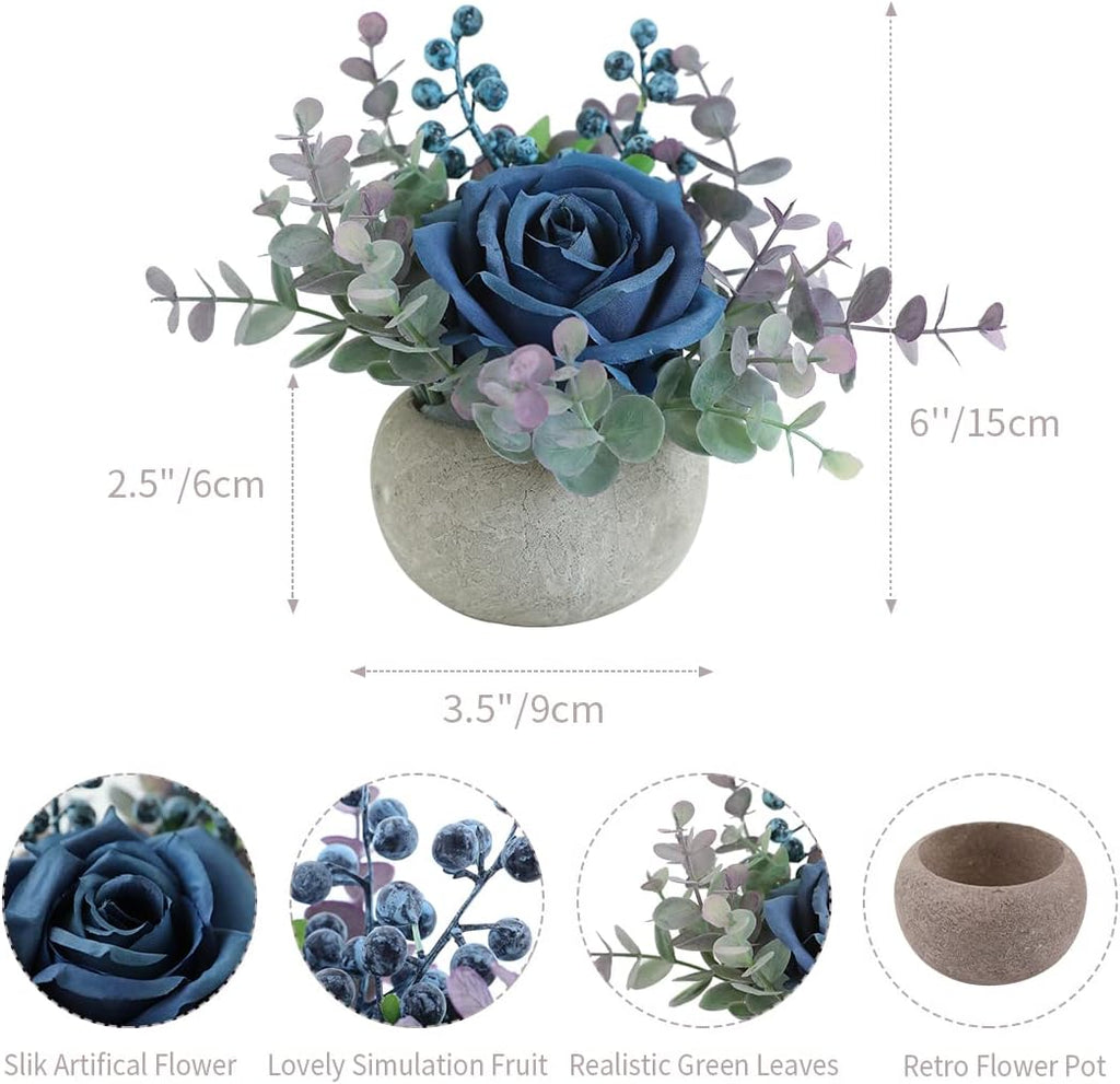 Small Artificial Blue Rose Potted Plant, Mini Faux Floral Decor