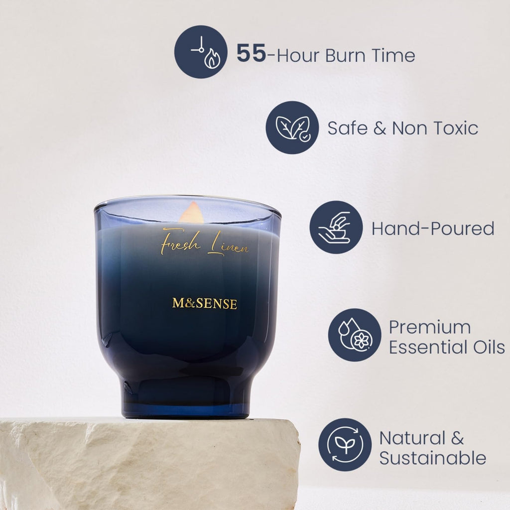 9.9oz Natural Soy Wax Jar Candle with Wooden Wick | Fresh Linen Scent | 55-Hour Burn & Long-Lasting Burn