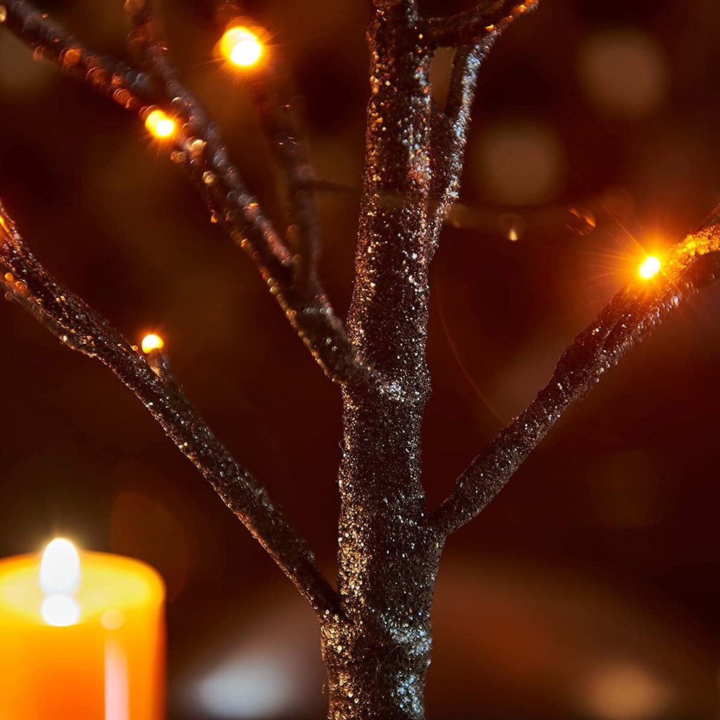 Black Halloween Tree with Lights 24 LED Orange with Timer, Lighted Tabletop Glittered Spooky Tree Artificial 18in for