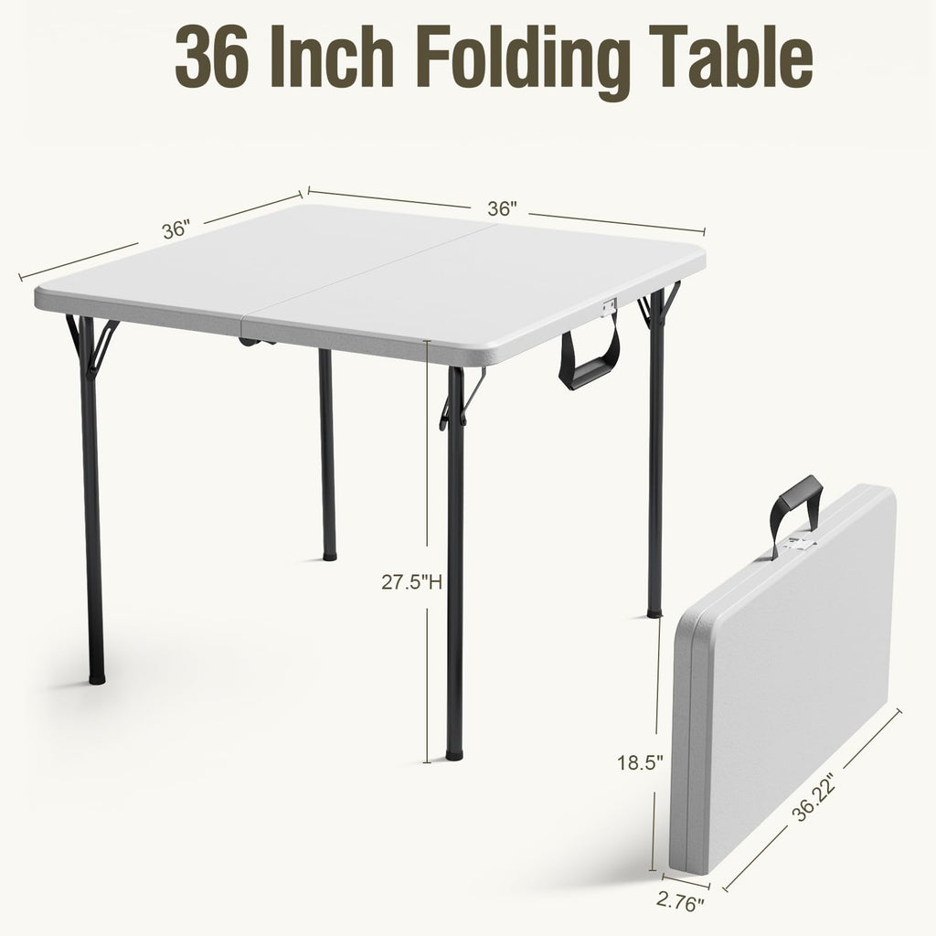 Table and Chairs Set for 5, 36 Inch Foldable Plastic Table with Carry Handle & 4 White Folding Chairs, Portable