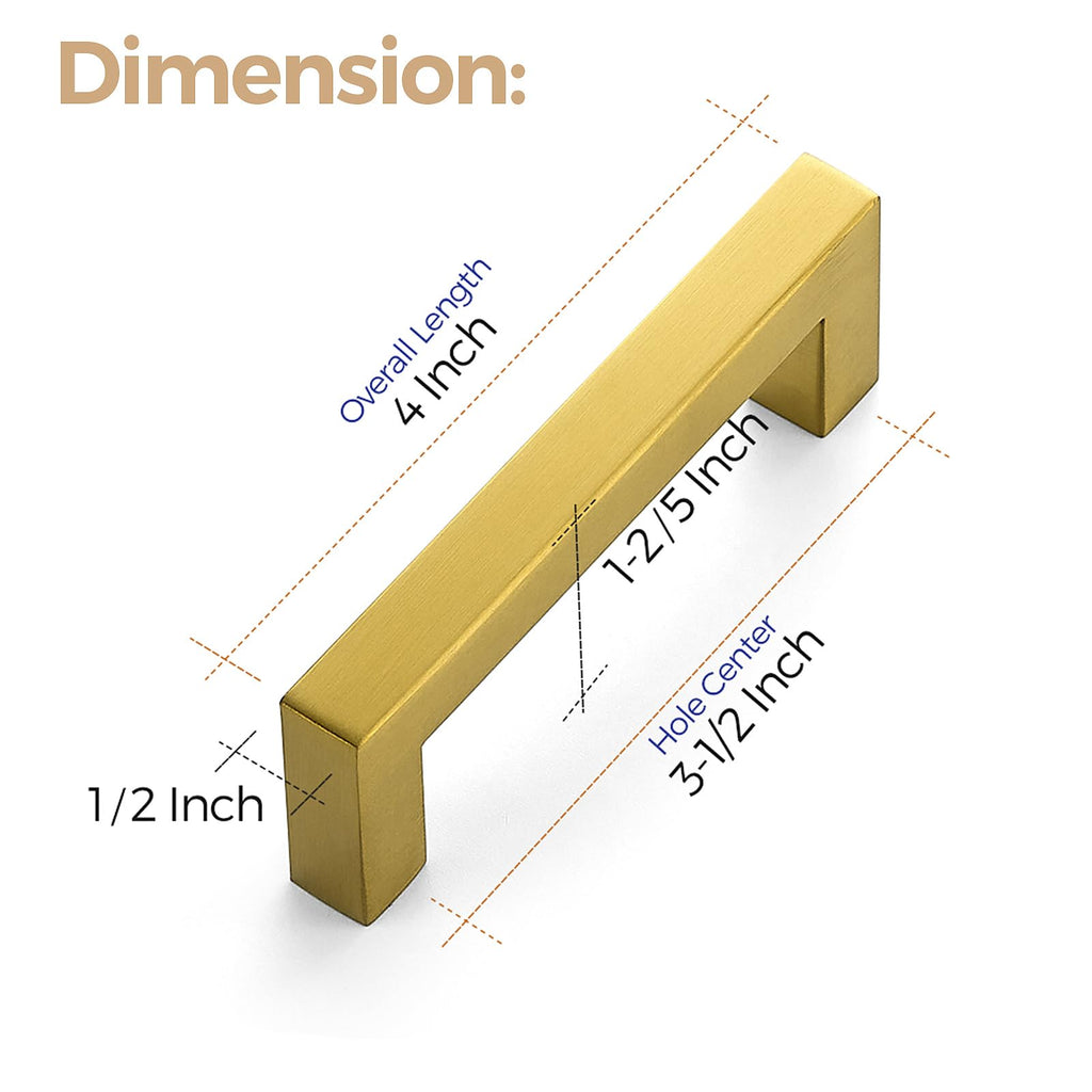 Brushed Brass Square Cabinet Handles & Pulls,3-1/2 Inch,18 Pack