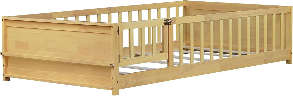 Montessori Floor Bed with Side Bookshelf, Natural, With Door