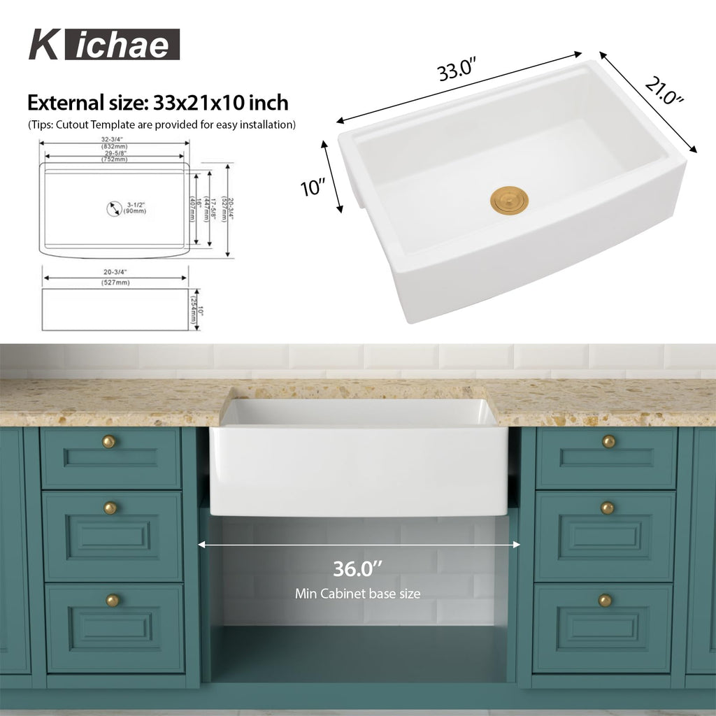 33 Inch White Farmhouse Sink Workstation Curved Apron Front Farm Sink with Slide Ledge Ceramic Porcelain Single Bowl