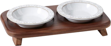Ceramic Cat Food Bowl, 6.1" Raised Cat Bowls with Acacia Wood Stand