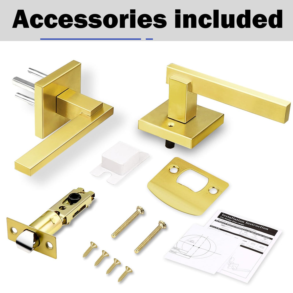 1 Pack Gold Square Passage Door Handle, Non-Locking Door Lock, Door Lever for Closet and Hallway