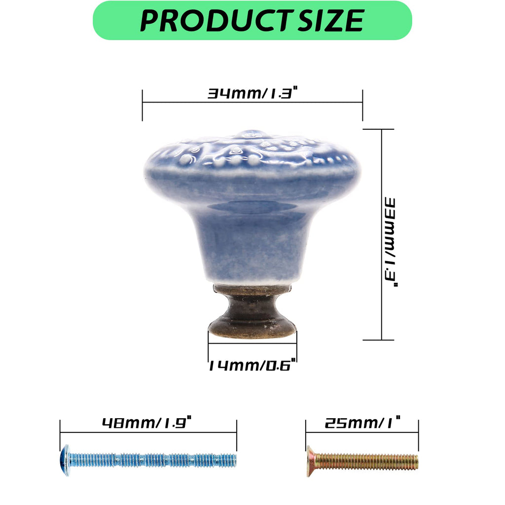 Light Blue Ceramic Knobs, 34mm / 1.3 Inch, 10Pcs