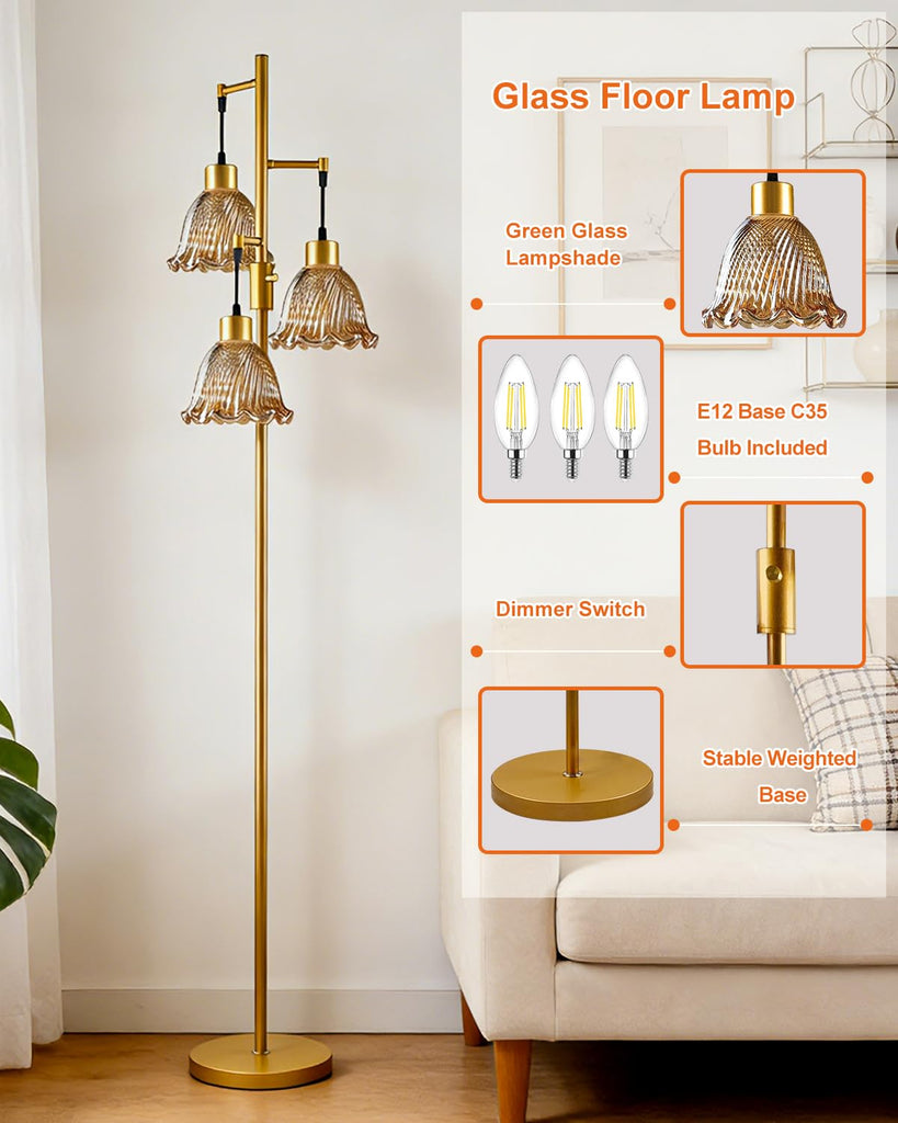 Amber Flower Glass Floor Lamp 3-Light Dimmable Gold Floor Lamps