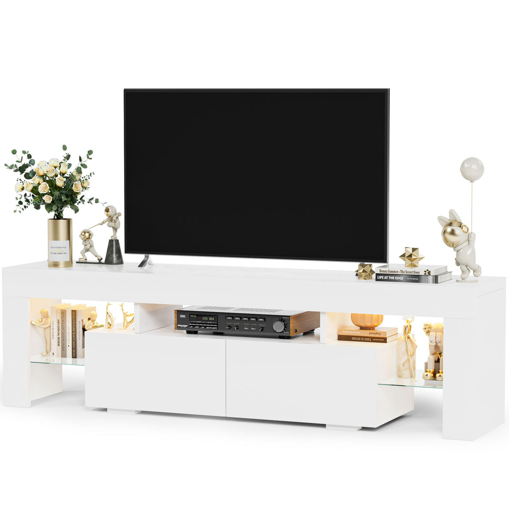 Modern TV Stand with LED Lights, Entertainment Center with Glass Shelves and Drawer, Mid Century TV Stand with