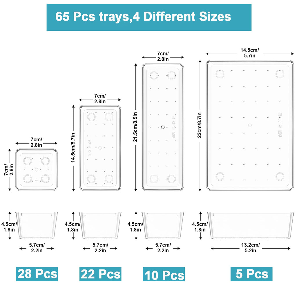 65 Pcs Clear Plastic Drawer Organizer, Makeup & Vanity Organizer