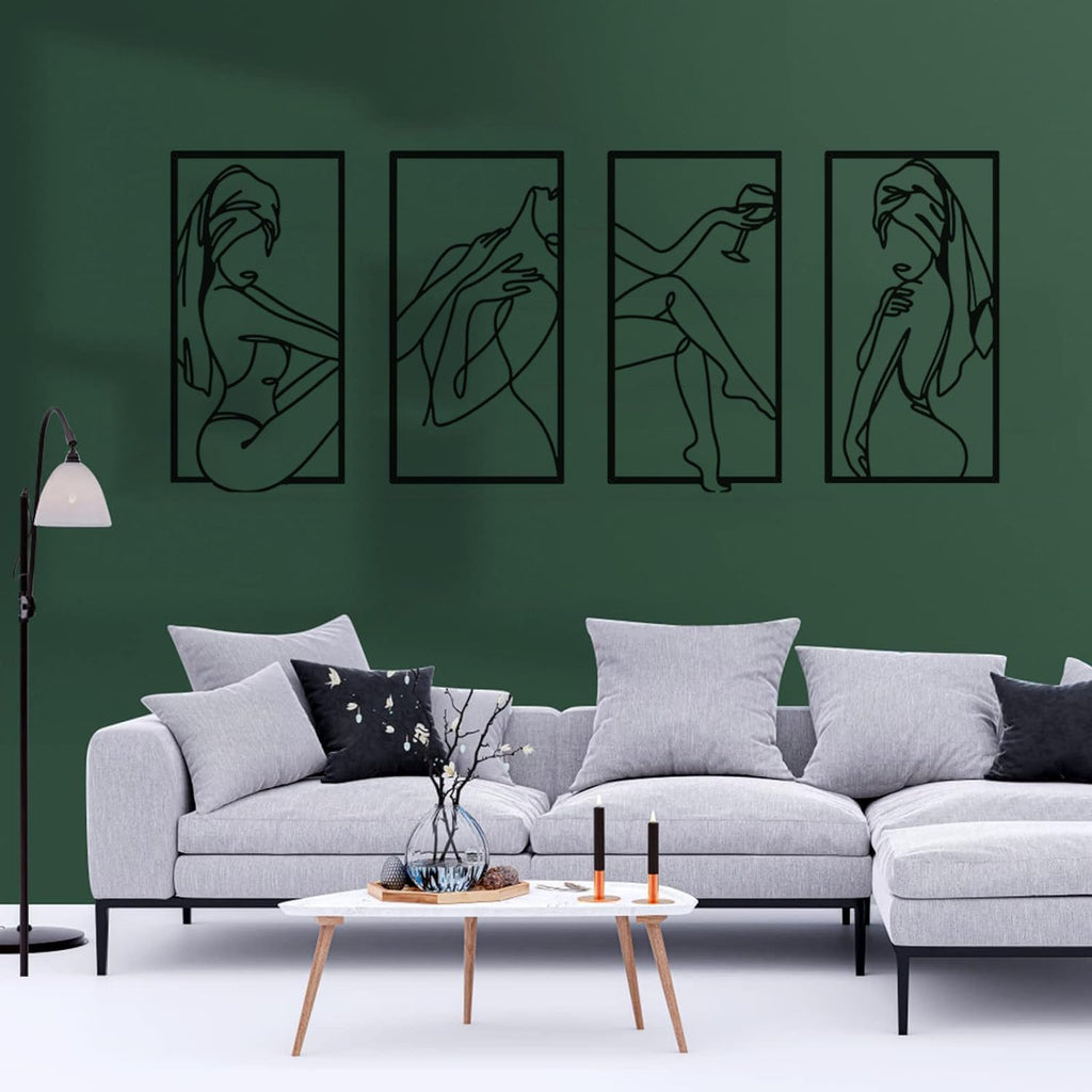 4-Piece Set - Minimalist Elegant Female Body Line Decor, Abstract Metal Wall Art, and Living Room - Set of 4