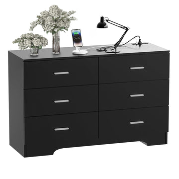 Dresser with Power Outlets Wooden 6 Drawer Dresser with USB and Type C Port Chest of Drawers Tall Black Organizer